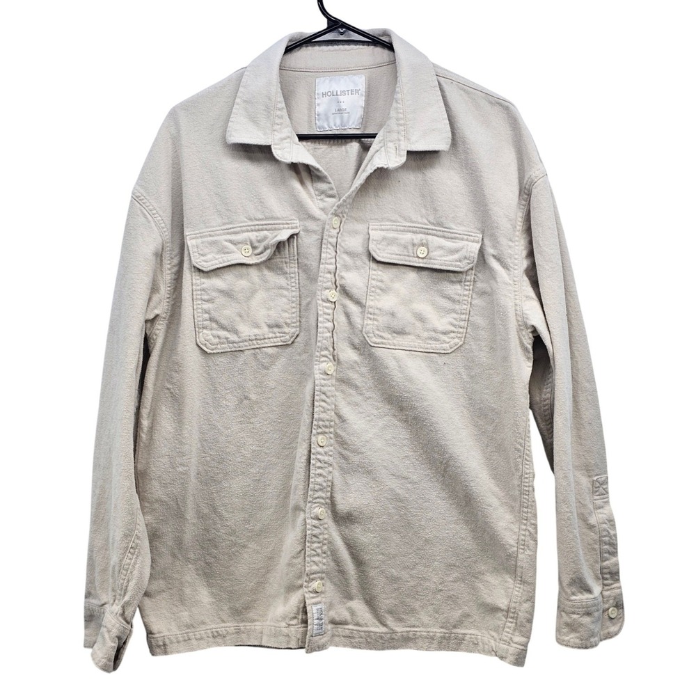 Hollister Mens Large Off White Cotton‎ Long Sleeve Button Down Utility Shirt